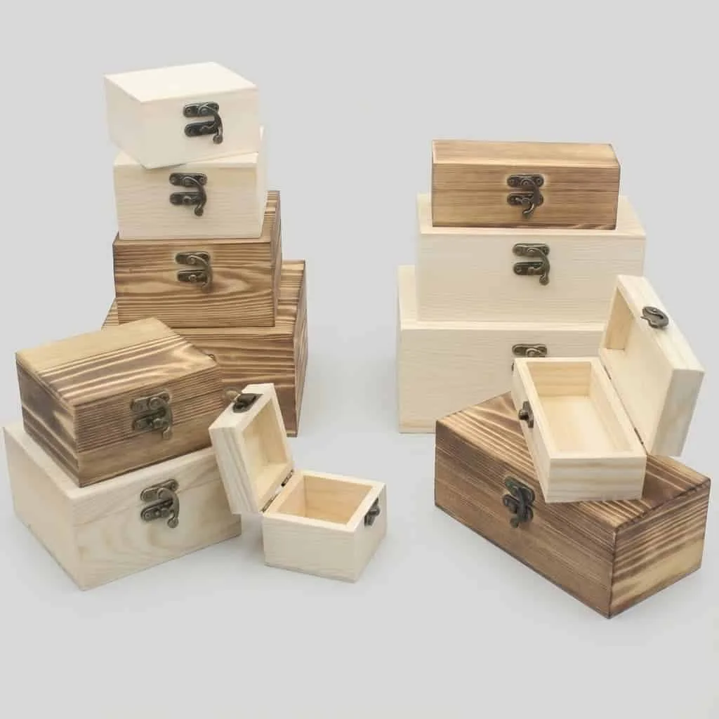 Assorted custom wood products with metal latches in various sizes for retail and home organization
